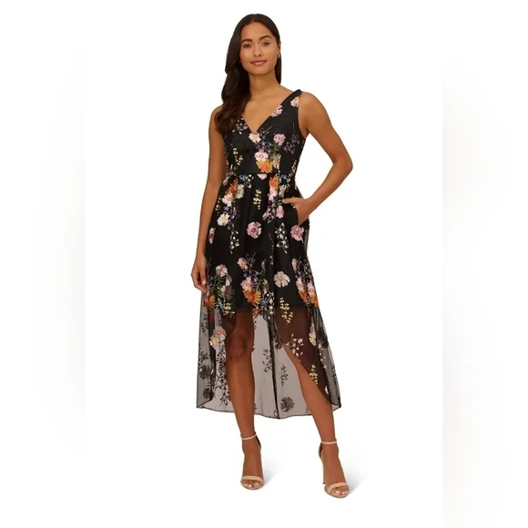 city studios floral embroidered dress Adrianna Papell beaded mesh fit and flare cocktail dress #AP1E210539